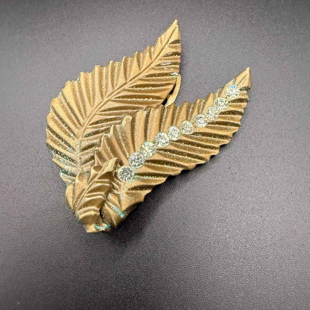 Vintage Gold Painted Leaf Hair Clip with Rhinestones